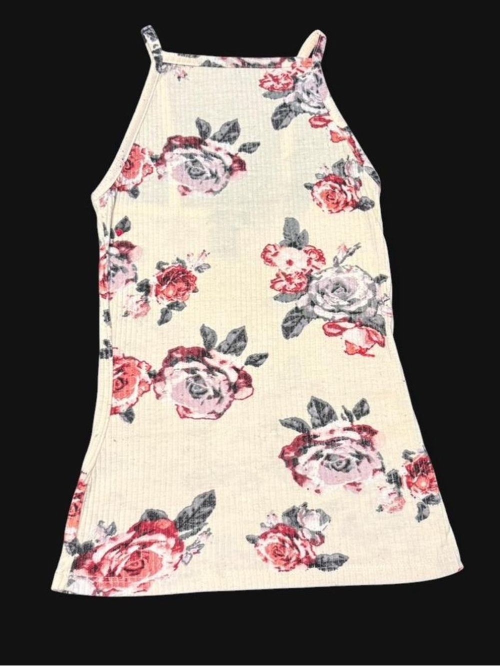 Y2K Rue21 Cream Floral Ribbed Tank Top with Pink Roses